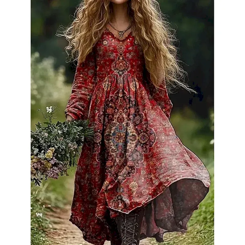 djregq1745491921827.webp Women's Maxi Dress Sundress Pleated Dress Vacation Casual Boho Going out Beach Standard Fit Graphic Paisley Long Sleeve V Neck Deep Green Black Red Blue Summer Spring - Image 1