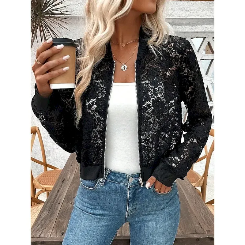 fjdfce1750761029836.webp Women's Bomber Jacket Comfortable Breathable Lace Patchwork Zipper Elegant Casual Plain Vacation Street Casual Daily Wear Zipper Short Stand Collar Regular Fit Long Sleeve Outerwear Black Summer - Image 1