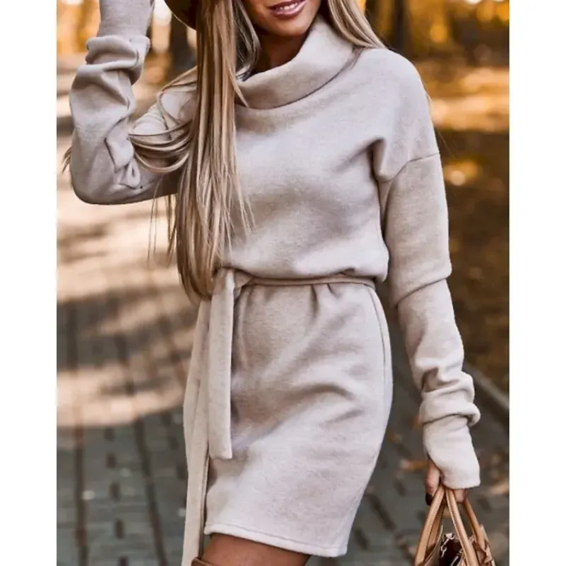 hoqvuz1758188049396.webp Women's Midi Dress Sweater Dress Sheath Dress Fashion Modern Outdoor Going out Regular Fit Plain Long Sleeve Turtleneck Black Purple Brown Khaki Fall Winter - Image 1