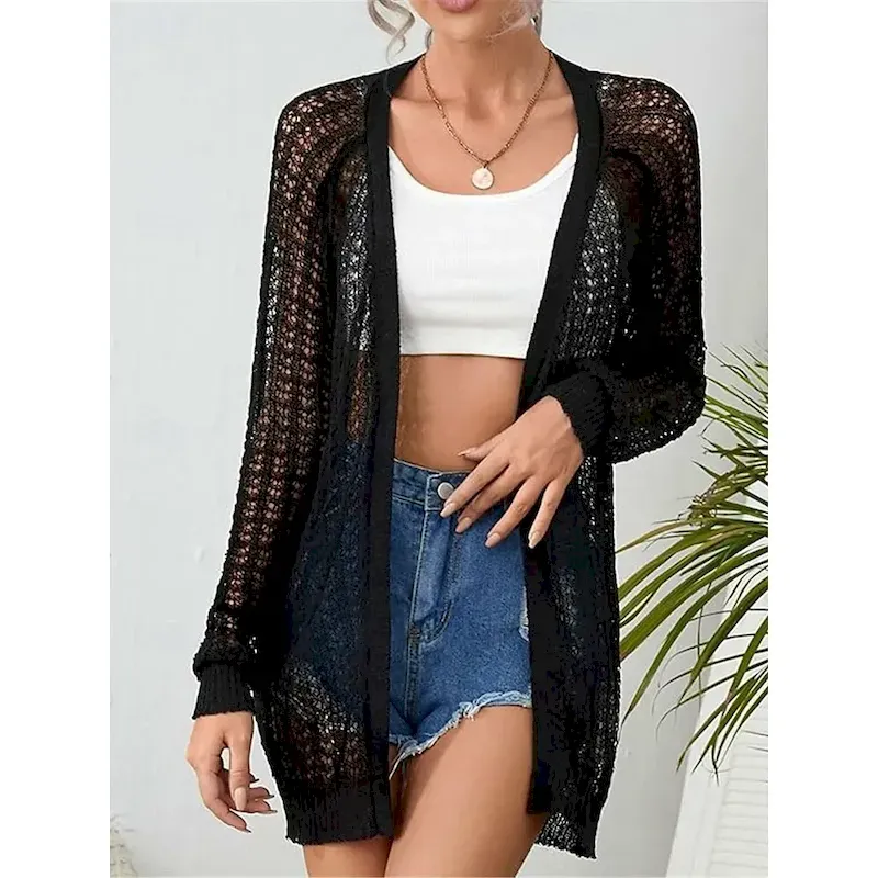 ioagtp1749694446185.webp Women's Casual Jacket Breathable Comfortable Cut Out Casual Plain Vacation Street Casual Daily Wear Open Front Regular Collarless Regular Fit Long Sleeve Outerwear Black White Khaki Summer Spring - Image 1