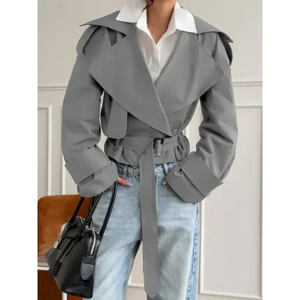 Women's Casual Jacket Trench Coat Comfortable Breathable Lace up Casual Plain Vacation Street Casual Daily Wear Open Front Short Turndown Regular Fit Long Sleeve Outerwear Beige Gray Spring Fall