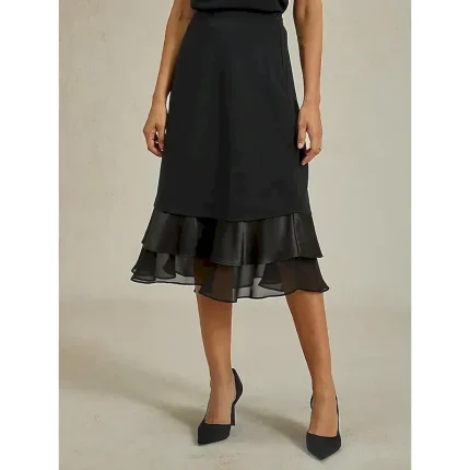 Women's A Line Elegant Fashion Midi Mid Waist Skirts Ruffle Layered Inelastic Valentine's Day New Year Black Spring Chiffon