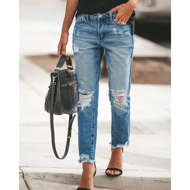 nhgnbh1751968716713.webp Women's Slacks Cozy Leggings Straight Streetwear Casual Full Length Natural Plain Pocket Ripped Comfy Vacation Going out Light Sky Blue Navy Black Fall Regular Fit - Image 1