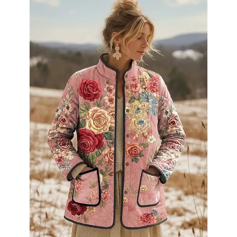 oomjyd1758251149685.webp Women's Winter Jacket Quilted Jacket Warm Lightweight Print Active Vintage Cute Artistic Floral Casual Regular Stand Collar Regular Fit Long Sleeve Outerwear Pink Blue Purple Fall Winter - Image 1