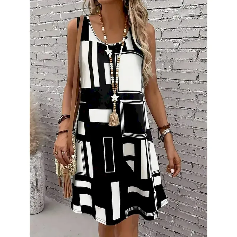 ptgknc1741164749164.webp Women's Mini Dress A Line Dress Summer Dress Off The Shoulder Dress Vacation Casual Daily Loose Fit Graphic Geometric Sleeveless U Neck Black Summer - Image 1