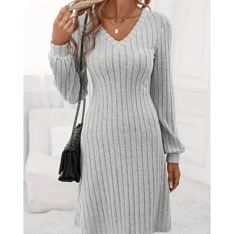 rwilju1757413746487.webp Women's Mini Dress Casual Dress Elegant Fashion Modern Outdoor Daily Going out Regular Fit Plain Long Sleeve V Neck Grey Spring Autumn - Image 1