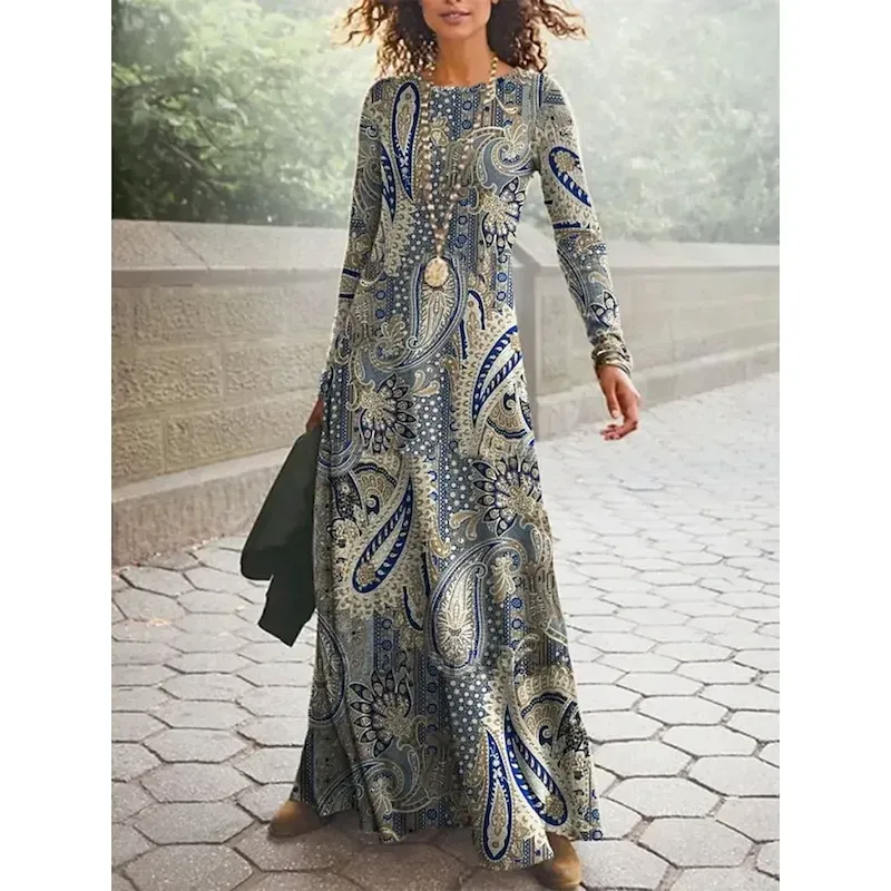 sqooul1752112973488.webp Women's Maxi Dress Vintage Bohemian A Line Dress Crew Neck Long Sleeve Casual Daily Regular Fit Graphic Paisley Blue Camel Gray Spring Fall Winter Autumn - Image 1