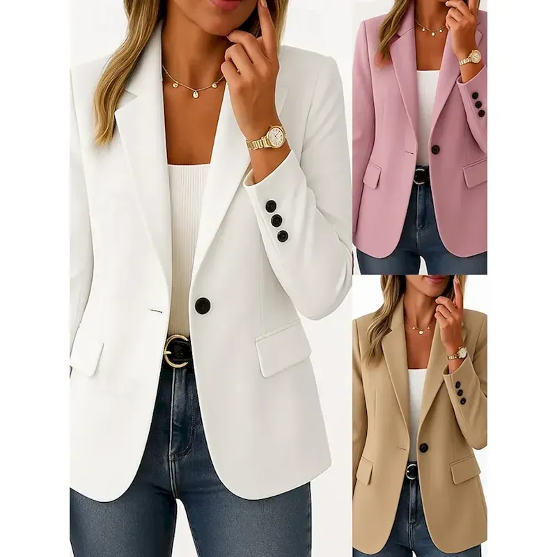 umbtuw1755235859231.webp Women's Blazer Comfortable Breathable Pocket Casual Plain Office Street Casual Daily Wear Single Breasted Regular Turndown Regular Fit Long Sleeve Outerwear Black Pink Khaki Summer Spring - Image 1