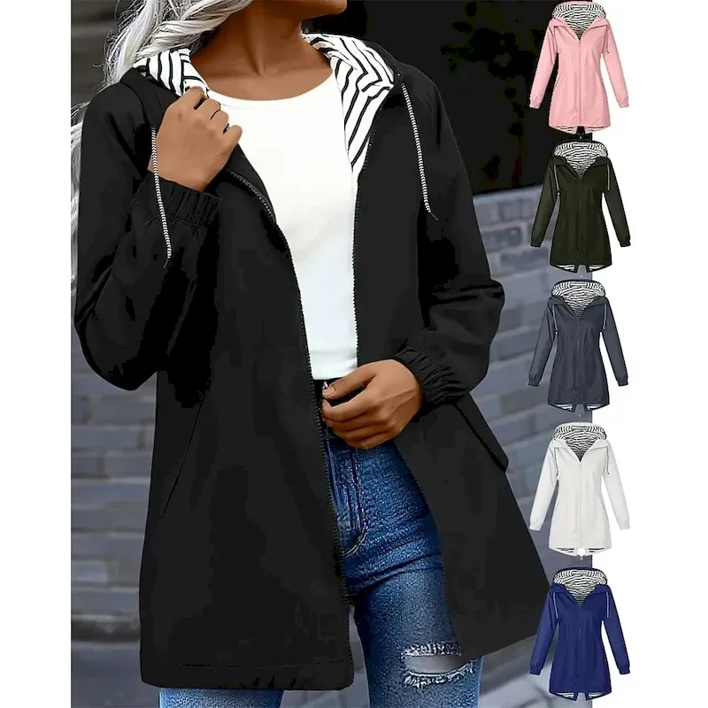 vjhduq1756198606492.webp Women's Trench Coat Waterproof Rain Jackets Rain Coats Waterproof Windproof Zipper Pocket Fashion Outdoor Plain Going out Weekend Zipper Regular Hooded Regular Fit Long Sleeve Outerwear Black White - Image 1