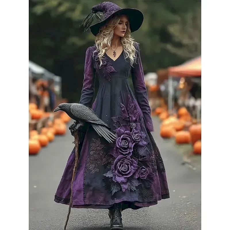 wxkdnb1754616533160.webp Halloween Women's Witch Print Maxi Dress A Line Dress Vacation Casual Boho Beach Regular Fit Floral Graphic Long Sleeve V Neck Deep Purple Black Pink Wine Spring Fall - Image 1