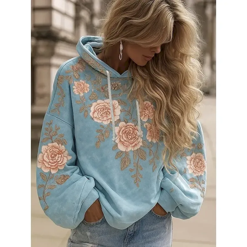 yfkyyu1757640039725.webp Women's Pullover Hoodie Sweatshirt Floral Graphic Elegant Warm Active Long Sleeve Hooded Regular Tops Street Dailywear Casual Patchwork Print Yellow Pink Blue Light Purple Purple Spring Fall Winter - Image 1