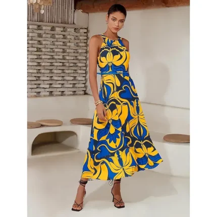 Women's Midi Dress Midi Dress Yellow Sleeveless Floral Belted Printing Spring & Summer High Neck Pattern Dress S M L